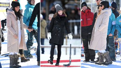 A composite of pictures of Meghan Markle in February 2024 and Kate Middleton in January 2018 both wearing Sorel snow boots
