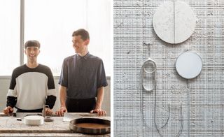 Pictured left: designers Andrea Trimarchi and Simone Farresin with pieces from the 'Delta' collection, in the workshop of TuttoMarmo, the Roman marble specialist that helped produce them. Right: the travertine and silver components of the 'Delta II' lamp, one of Studio Formafantasma's first lighting designs, ready to be assembled