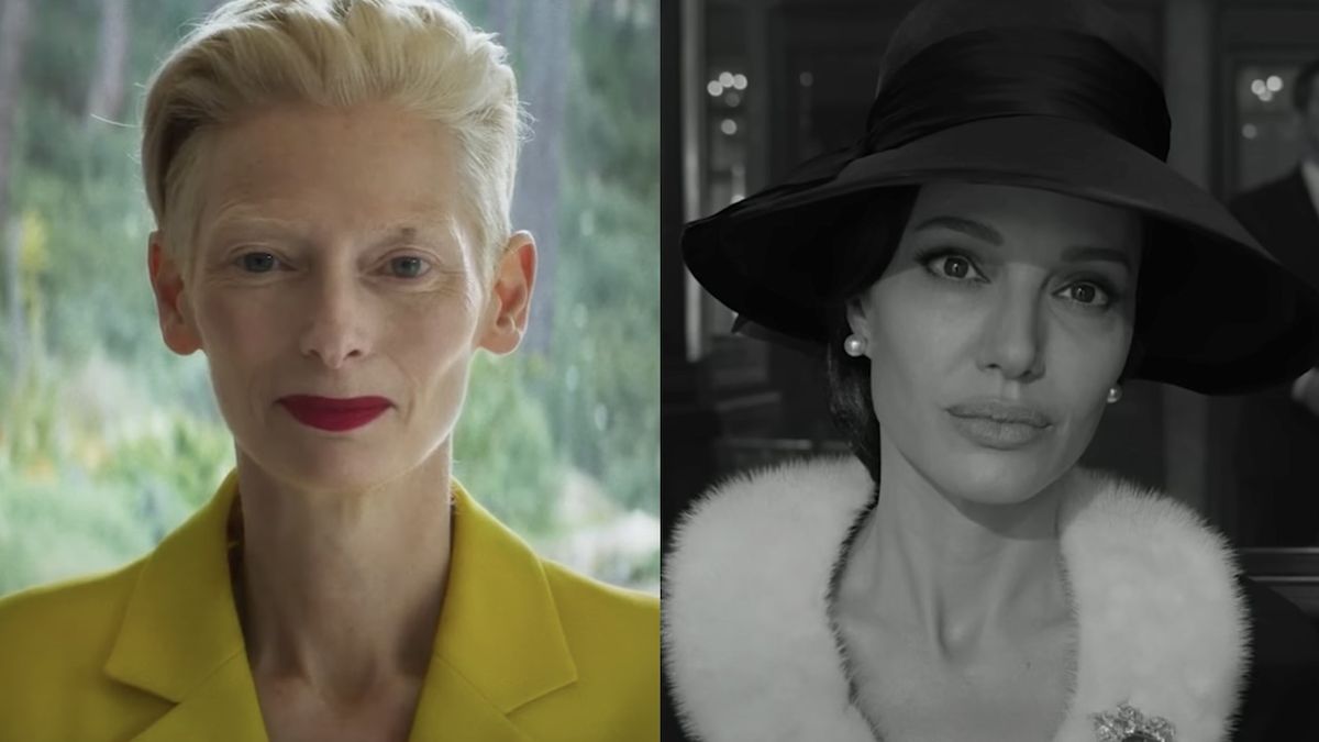 Tilda Swinton smiling and wearing yellow in The Room Next Door/ Black and white image of Angelina Jolie wearing a hat in Maria (side by side) 