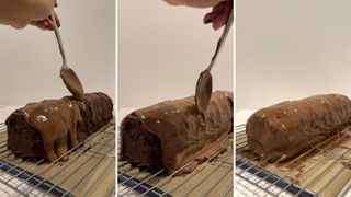 how to make a caterpillar cake: step four covering the cake with melted chocolate