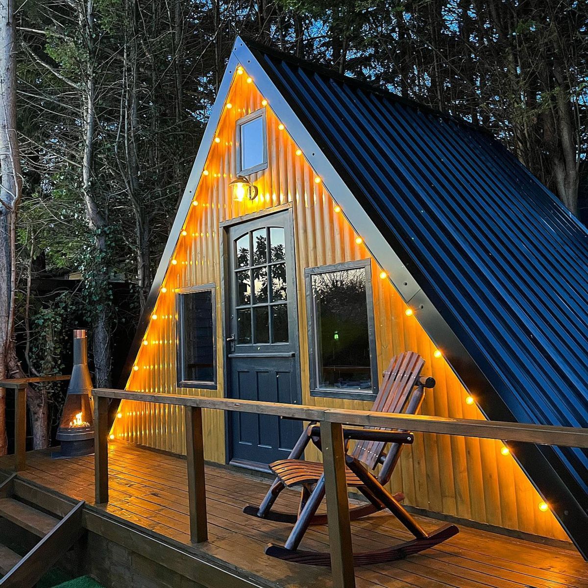 The chalet style shed has wooden panelled walls with metal sheets forming the triangular roof. The shed is surrounded by forestry