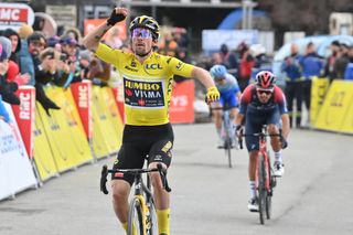 Slovenian Primoz Roglic of JumboVisma celebrates as he crosses the finish line to win stage seven of the 80th edition of the ParisNice cycling race from Nice to La BolleneVesubie Col de Turini 1552 km in France Saturday 12 March 2022BELGA PHOTO DAVID STOCKMAN Photo by DAVID STOCKMAN BELGA MAG Belga via AFP Photo by DAVID STOCKMANBELGA MAGAFP via Getty Images