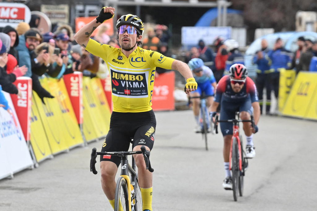 Slovenian Primoz Roglic of Jumbo Visma celebrates as he crosses the finish line to win stage seven of the 80th edition of the ParisNice cycling race from Nice to La BolleneVesubie Col de Turini 1552 km in France Saturday 12 March 2022BELGA PHOTO DAVID STOCKMAN Photo by DAVID STOCKMAN BELGA MAG Belga via AFP Photo by DAVID STOCKMANBELGA MAGAFP via Getty Images