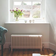 A window with a radiator and a vase of flowers on the windowsill