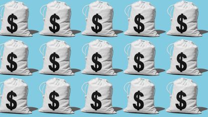 Money bags lined up in rows against a blue background.
