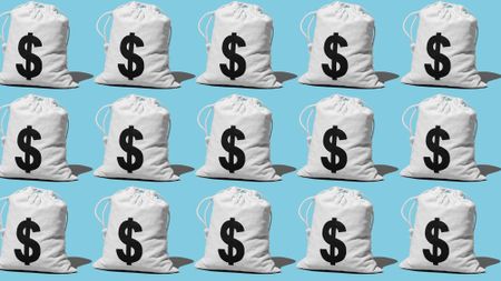 Money bags lined up in rows against a blue background.
