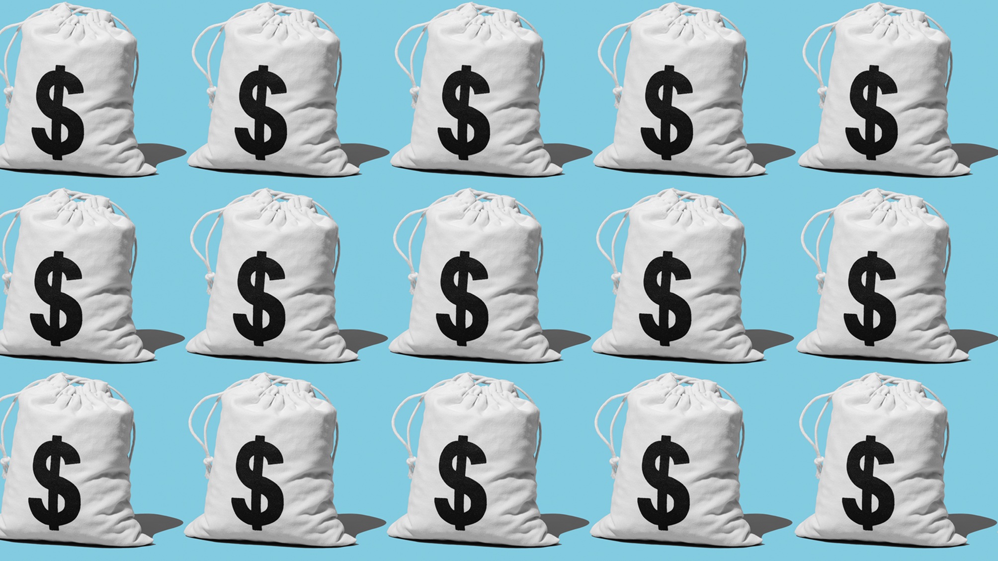 Money bags lined up in rows against a blue background.