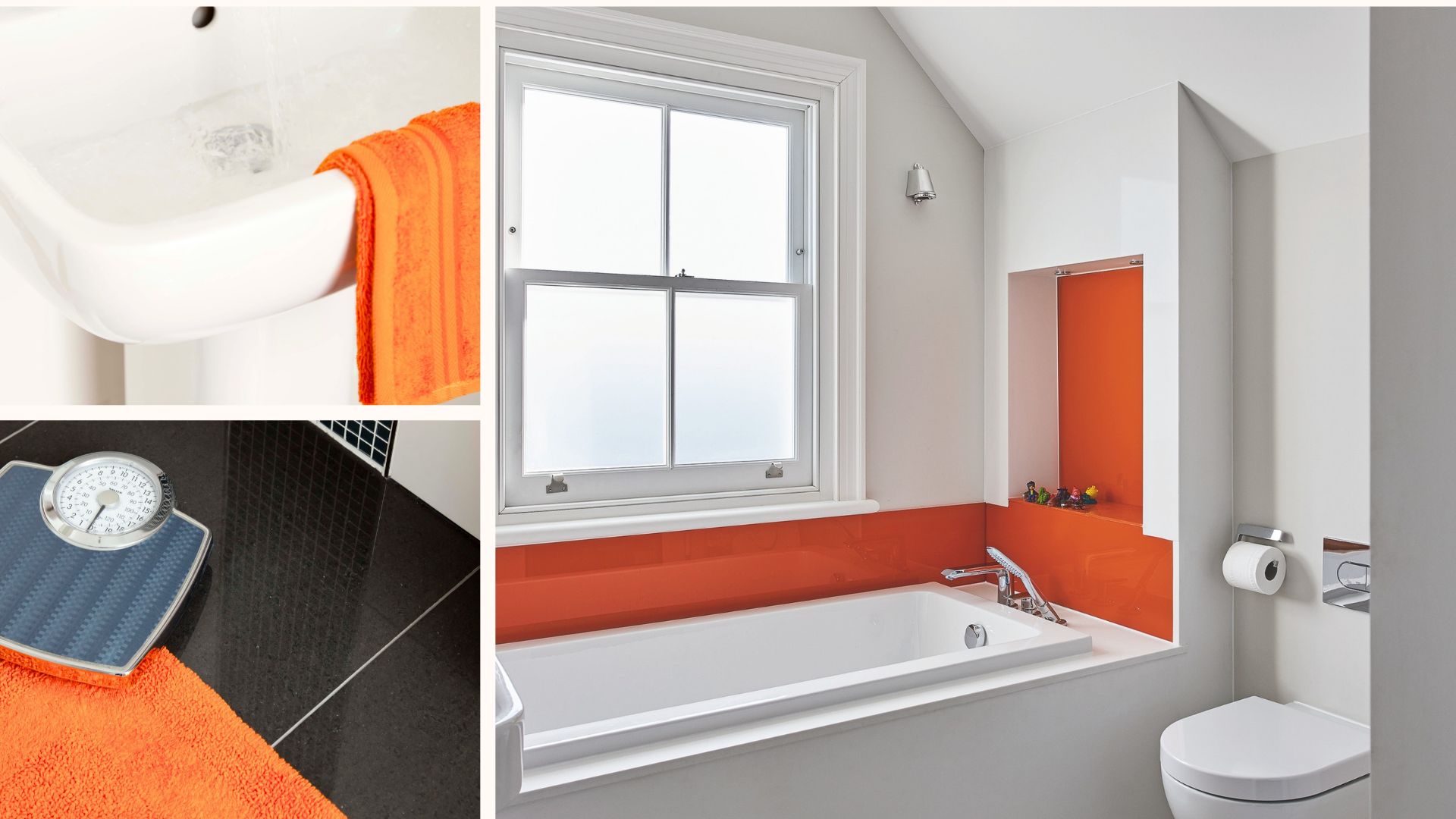 compilation of a white bathroom with orange accessories