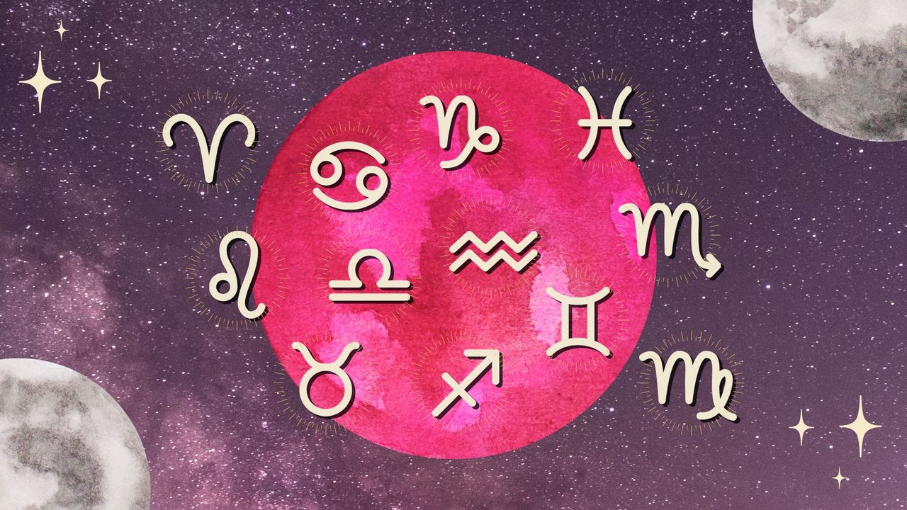 The zodiac signs and the pink full moon against a starry sky