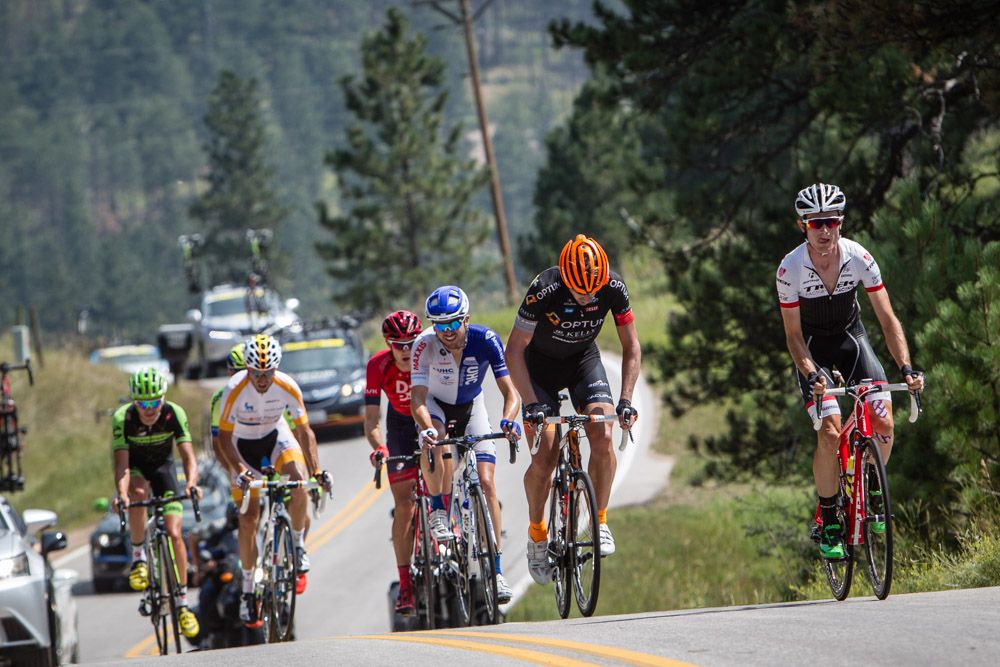 Leonardo Basso (Trek) leading the break through todays roll hills