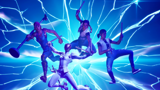 A quarter of Fortnite characters-turned-bandmates leap through the air in Fortnite festival, three holding drumsticks and one carrying a mic stand.
