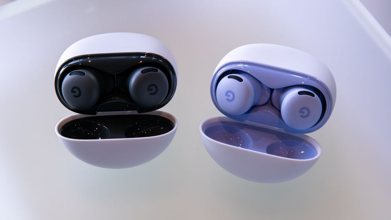 Pixel Buds 2a cases and earbuds in Hazel and Iris