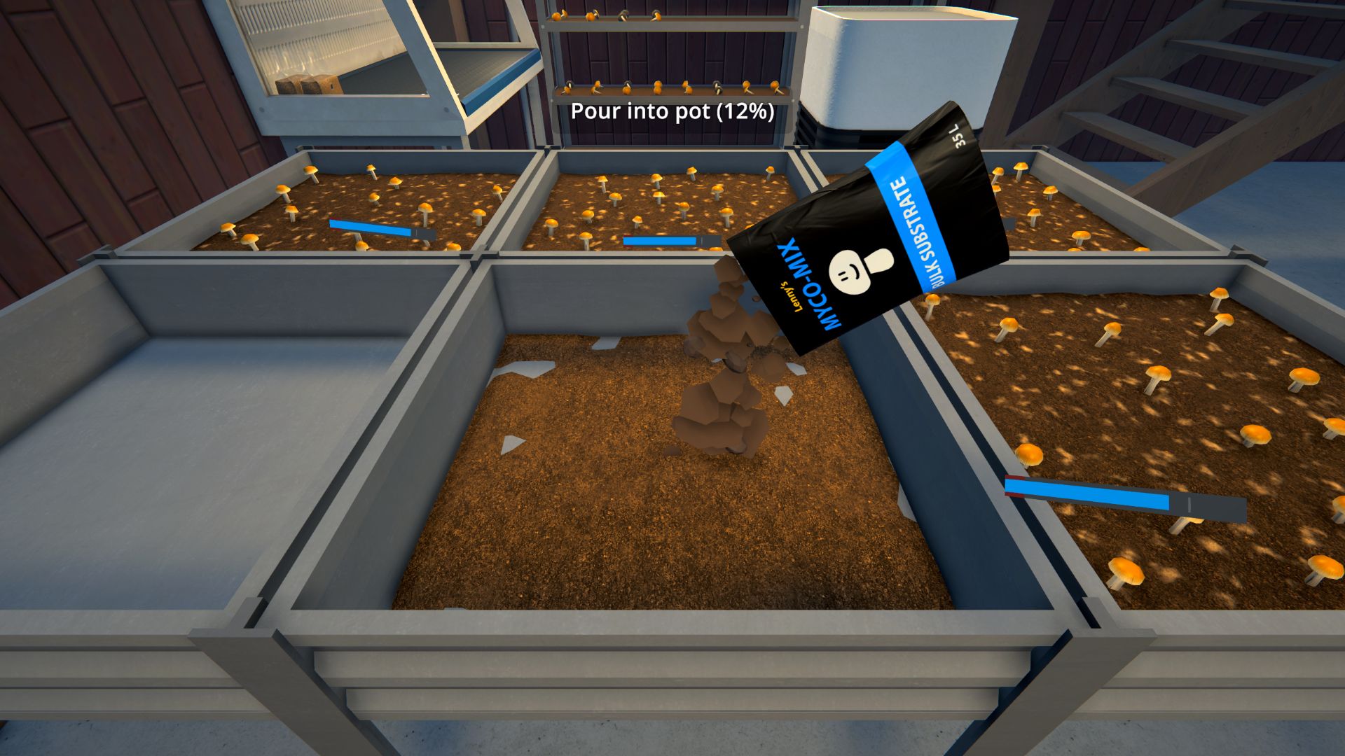 A bag of soil being emptied into a Schedule 1 mushroom bed.