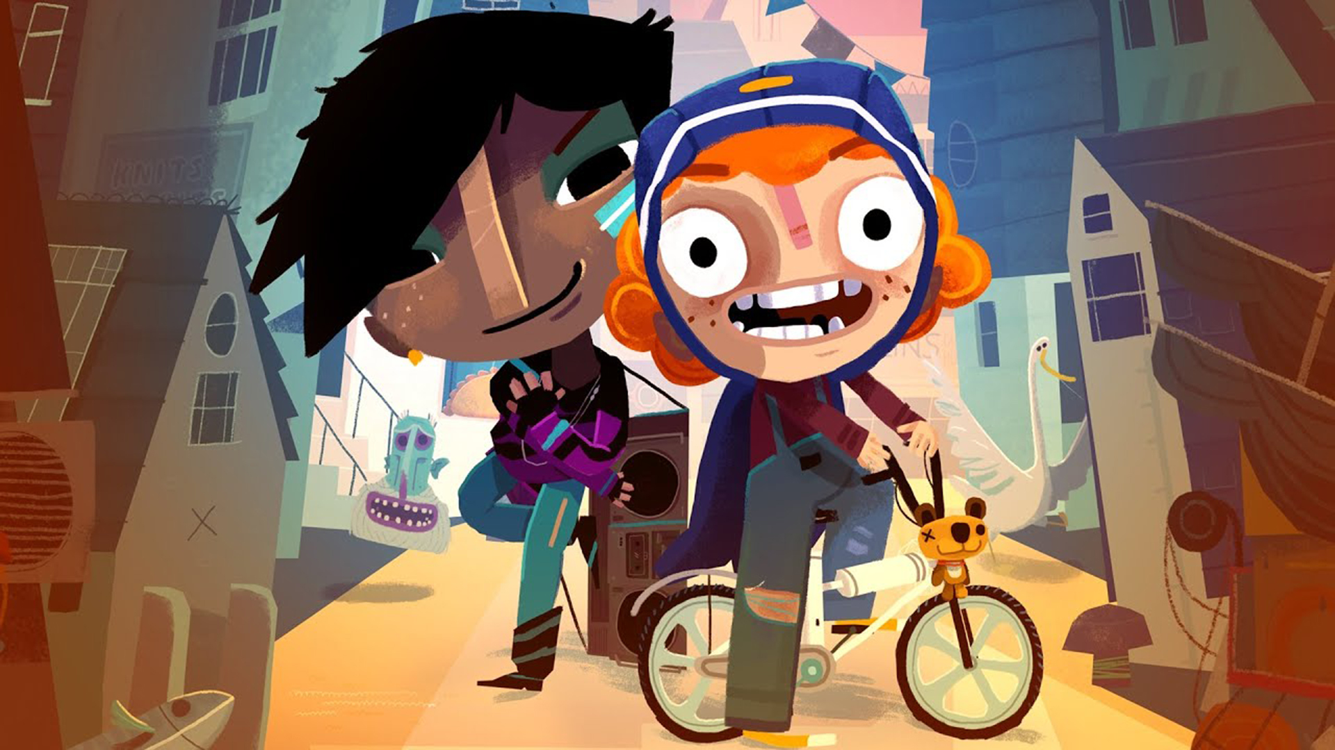 Two young girls riding bikes stare down the camera in Knights and Bikes