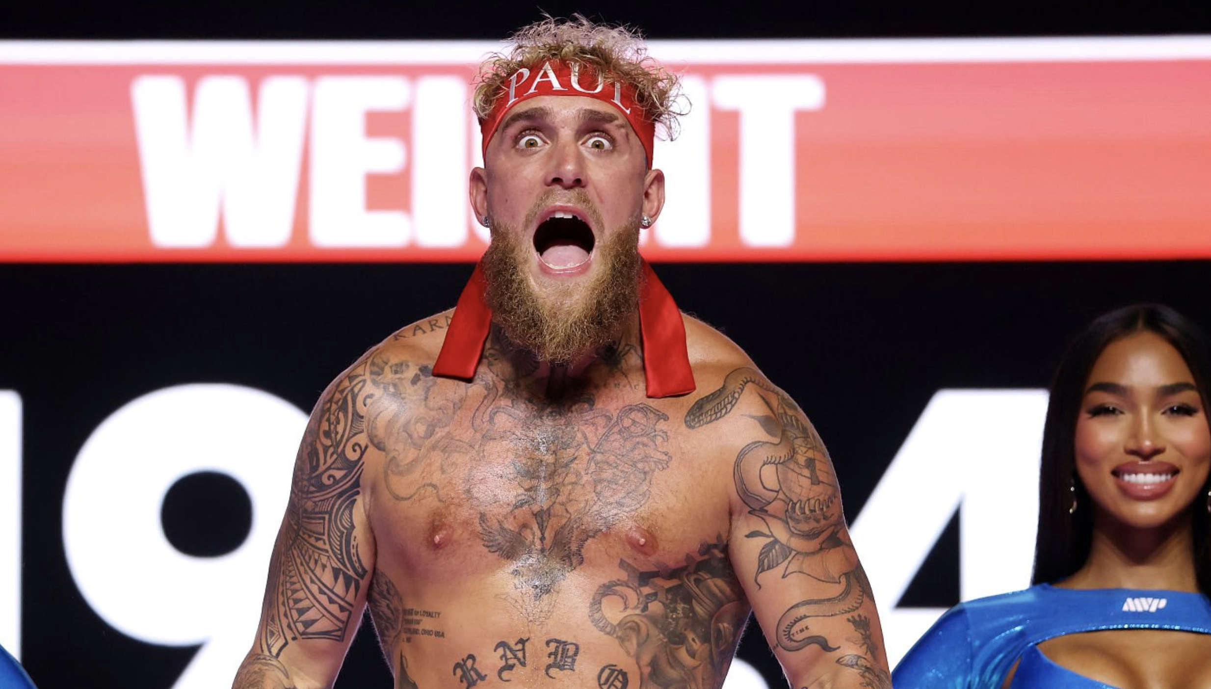 ANAHEIM, CALIFORNIA - JUNE 27: Jake Paul weighs in ahead of his fight against Julio Cesar Chavez Jr at Honda Center on June 27, 2025 in Anaheim, California. (Photo by Cris Esqueda/Golden Boy/Getty Images)