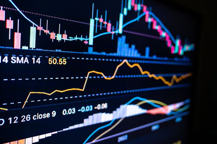 closeup of stock chart with red and green bars and blue moving average