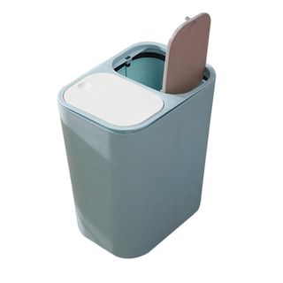 A blue bin with two sections and white lids