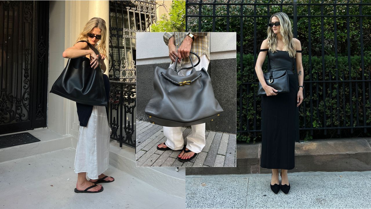 A collage of Eliza Huber wearing Bottega Veneta smooth leather bags, including the Hop, Liberta, and Andiamo. 