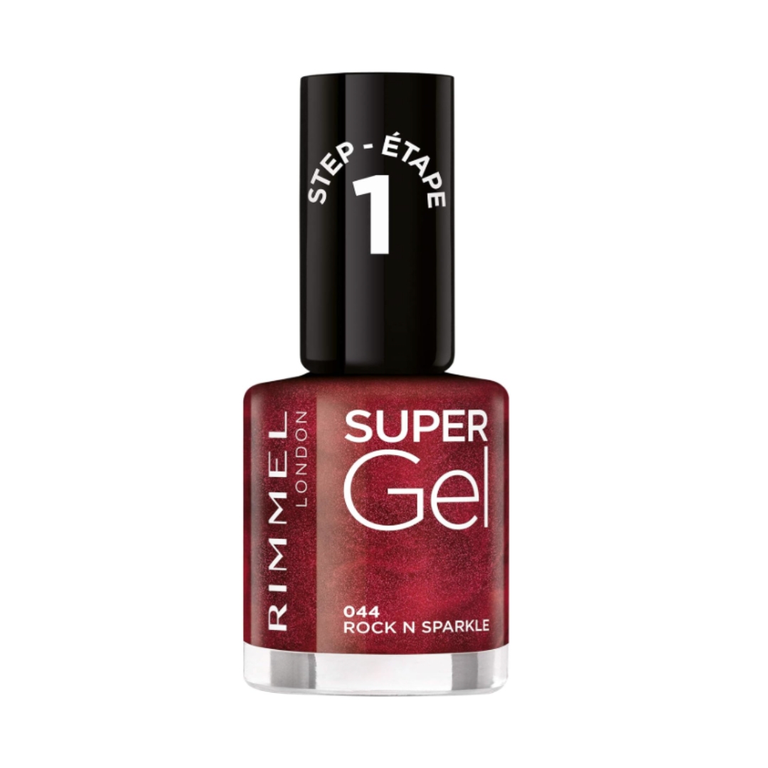 A product shot of the Rimmel London Super Gel Nail Polish in shade 044 Rock N Sparkle (a red glitter nail polish), on a white background