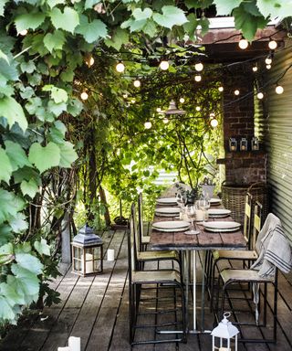 An outdoor table under a shaded archway with climbing plants and festoon lights