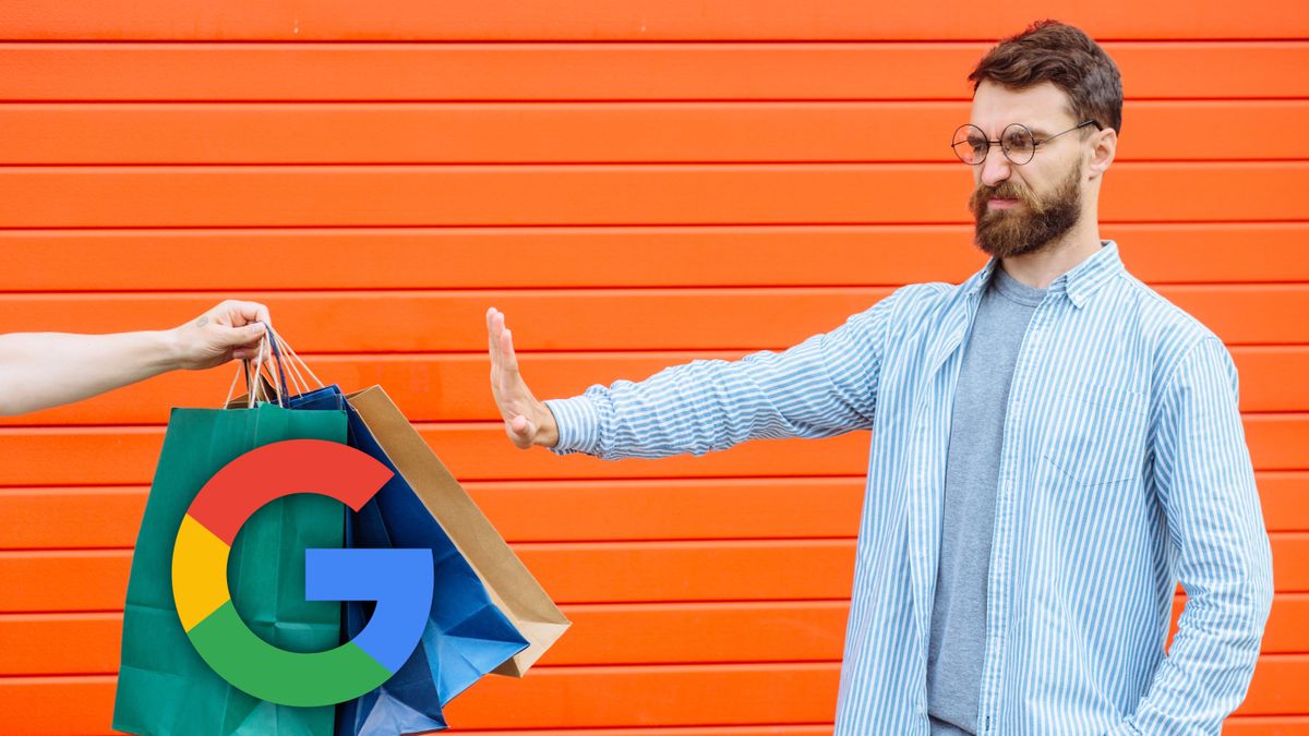 A man holding out his hand in a &#039;no thanks&#039; gesture to an arm offering a handful of bags bearing the Google logo.