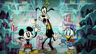 Mickey Mouse, Goofy, and Donald Duck marvel at an ice cream freezer in Stayin' Cool