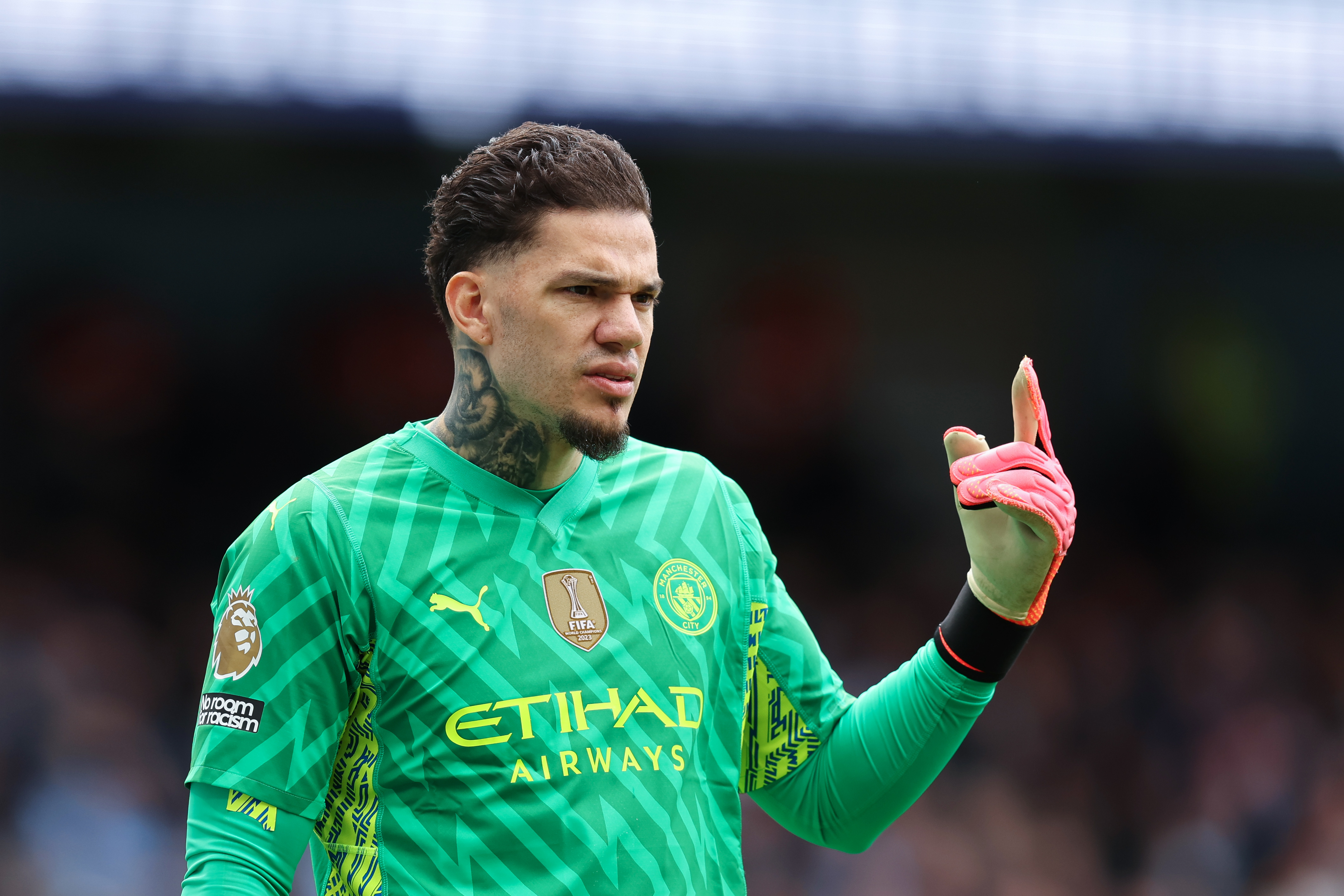 Ederson in action for Manchester City against Luton Town in April 2024.