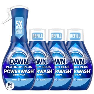 Four bottles of Dawn Powerwash dish soap with one spray lid attachment. 