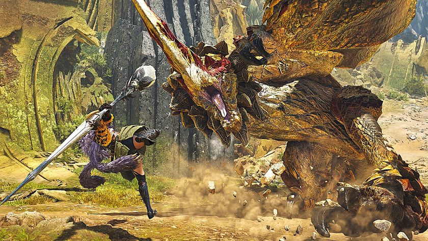 Edited promotional screenshot of a player fighting a Seregios in Monster Hunter Wilds