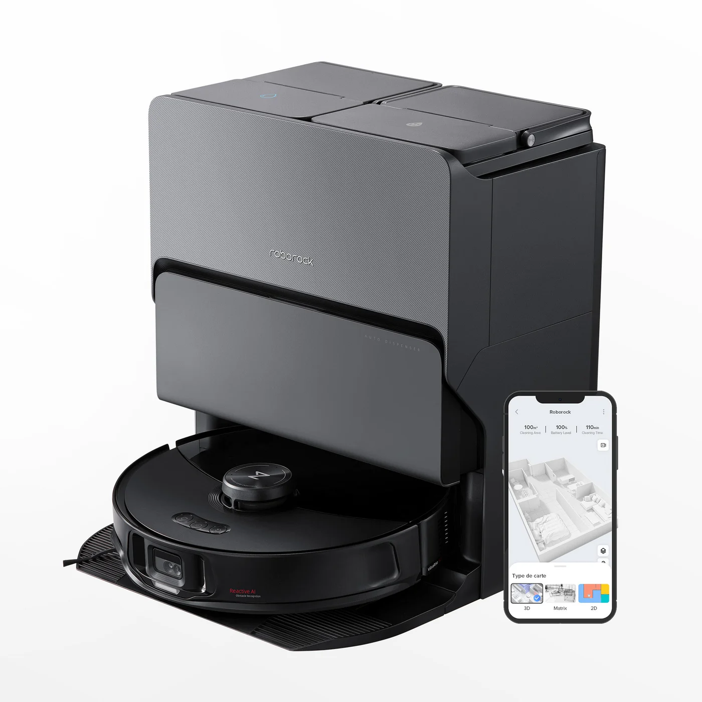 Roborock S8 MaxV Ultra robot vacuum and cleaning station pictured next to smartphone showing Roborock app, against white background.