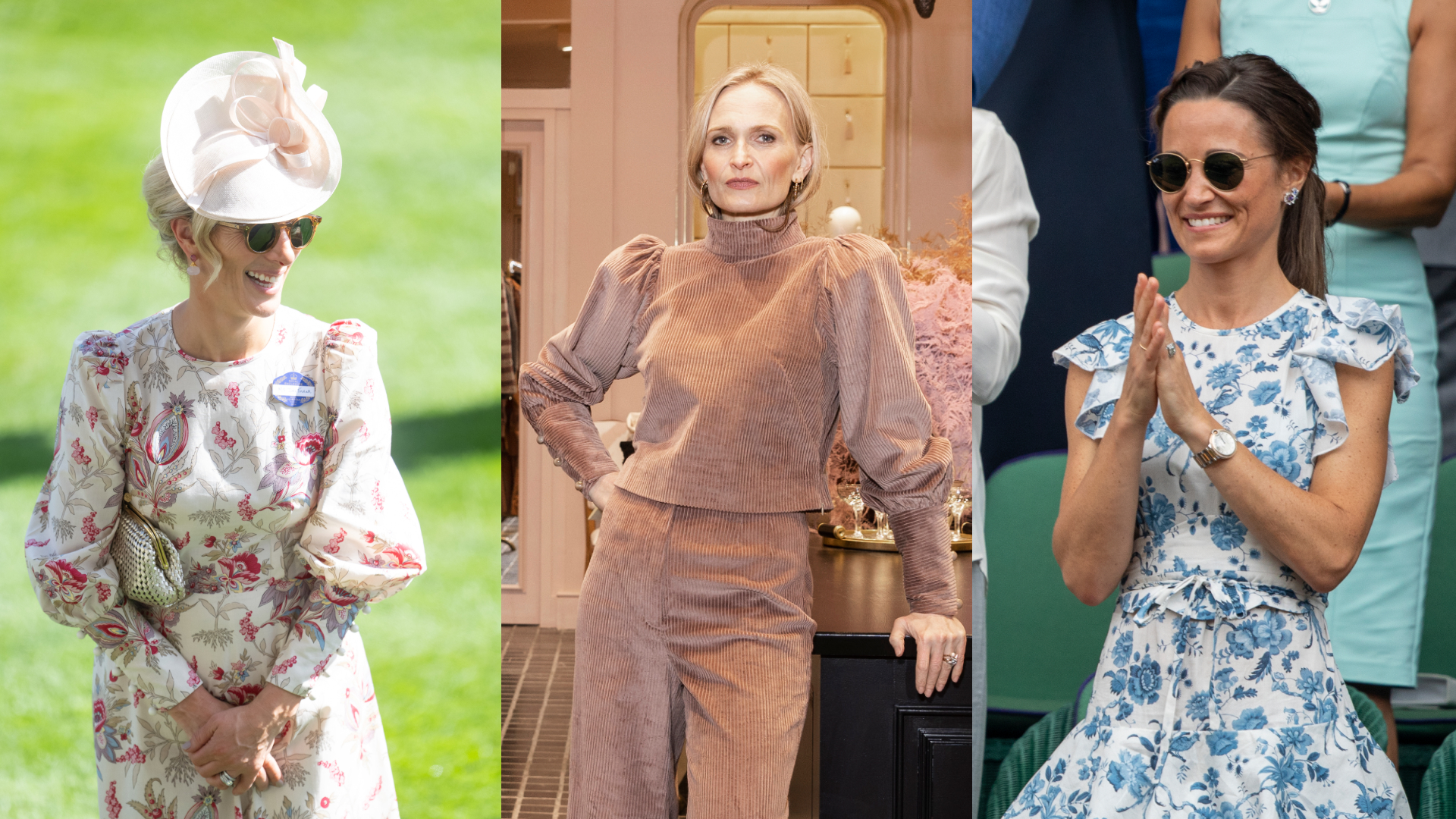 Zara Tindall in a paisley dress smiling with sunglasses, Anna Mason wearing a mauve top and pants leaning on a counter, Pippa Middleton wearing a blue floral dress and clapping