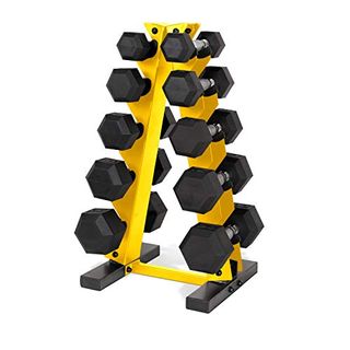 Cap Barbell 150 Lb Coated Hex Dumbbell Weight Set With Vertical Rack, Yellow, New Edition