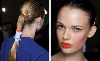Complementing Williams' minimal silhouettes, the essential ponytail came effortlessly into play held into place by hair stylist Mark Hampton's silk foulard