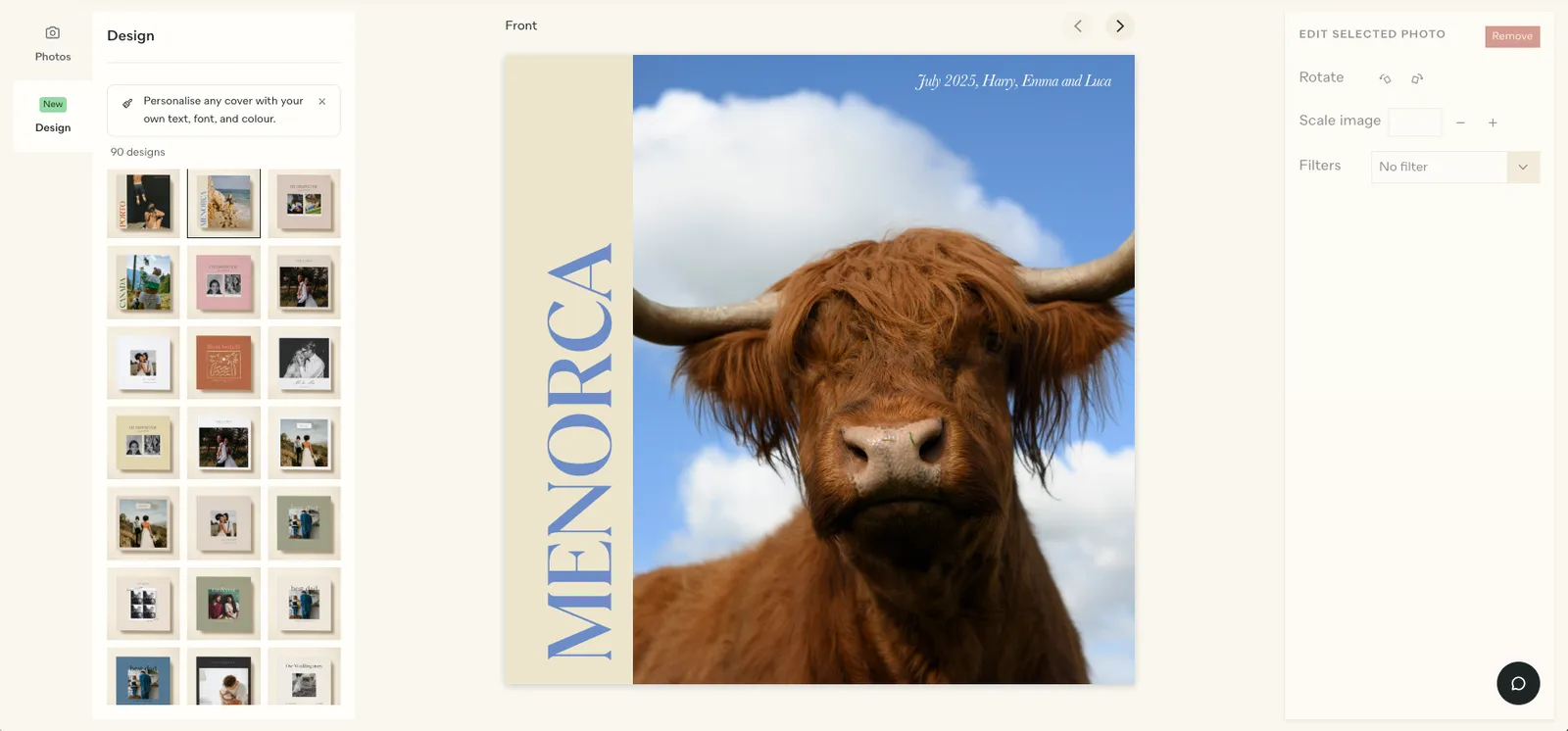 A photo book cover featuring a highland cow and a caption reading 'Menorca'.