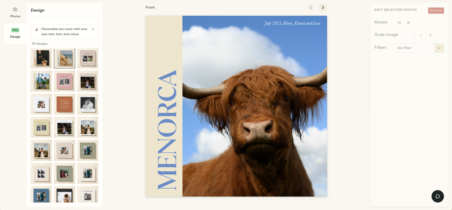 A photo book cover featuring a highland cow and a caption reading 'Menorca'.