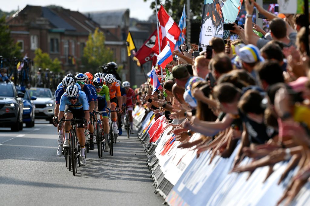 LEUVEN BELGIUM SEPTEMBER 26 Remco Evenepoel of Belgium leads The Breakaway during the 94th UCI Road World Championships 2021 Men Elite Road Race a 2683km race from Antwerp to Leuven flanders2021 on September 26 2021 in Leuven Belgium Photo by Kristof Ramon PoolGetty Images