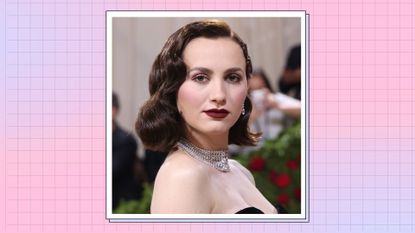 Maude Apatow wears a black dress as she attends "In America: An Anthology of Fashion," the 2022 Costume Institute Benefit at The Metropolitan Museum of Art on May 02, 2022 in New York City. / in a pink and blue check template