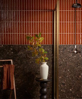 close up of bathroom wall showing dark orange slim vertical tiles on top half of wall, large dark brown terrazzo tules below, with brushed gold shower screen and black shower on riser