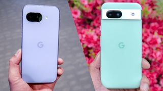 google pixel 9a in iris vis pixel 8a in green side by side