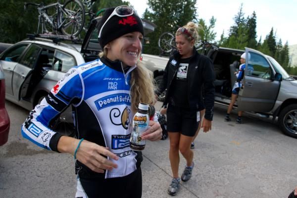 Kristen McGrath (Peanut Butter &amp; Co/Team Twenty12) heads to the podium ceremony following her victory in stage one of the Aspen Pro Women's Stage Race.
