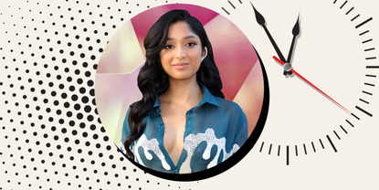 Headshot of Maitreyi Ramakrishnan over clock and dot pattern for Beauty around the clock series