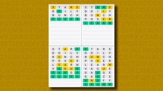 Quordle Daily Sequence answers for game 940 on a yellow background