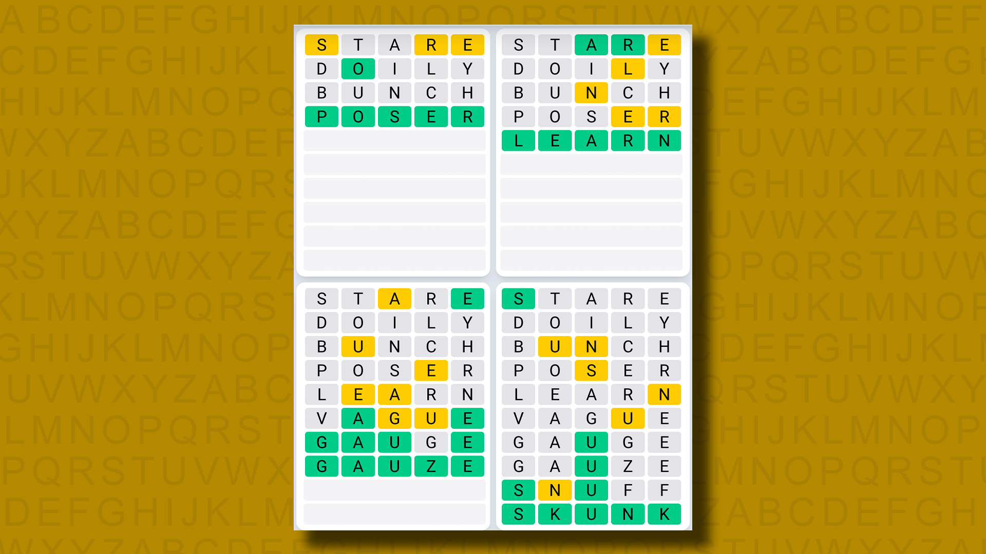 Quordle Daily Sequence Answers for Game 940 on a yellow background