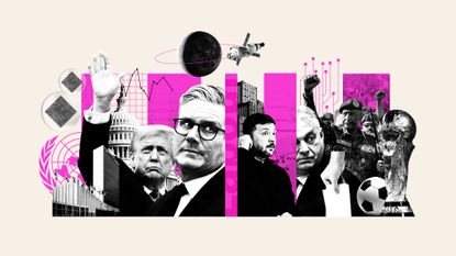 Photo composite illustration including Keir Starmer, Donald Trump, Volodymyr Zelenskyy, Viktor Orb&aacute;n, Abdel Fattah al-Burhan, the Artemis II spacecraft, UN HQ, FIFA World Cup trophy, shipping containers and AI chips