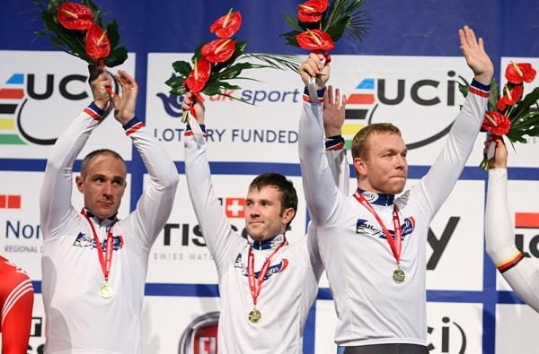 The victorious British Sky-HD team on the podium after they won the team sprint final - Jamie Staff, Ross Edgar and Chris Hoy