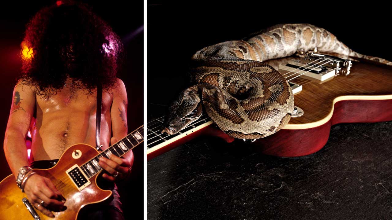 Slash onstage, and a python on one of Slash&#039;s signature Les Paul guitars