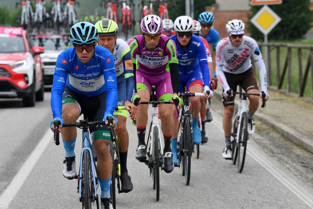 CANALE ITALY MAY 10 Vincenzo Albanese of Italy and EOLOKOMETA Cycling Team blue mountain jersey Taco Van Der Hoorn of Netherlands and Team Intermarch Wanty Gobert Matriaux leads the breakaway during the 104th Giro dItalia 2021 Stage 3 a 190km stage from Biella to Canale girodiitalia Giro on May 10 2021 in Canale Italy Photo by Tim de WaeleGetty Images