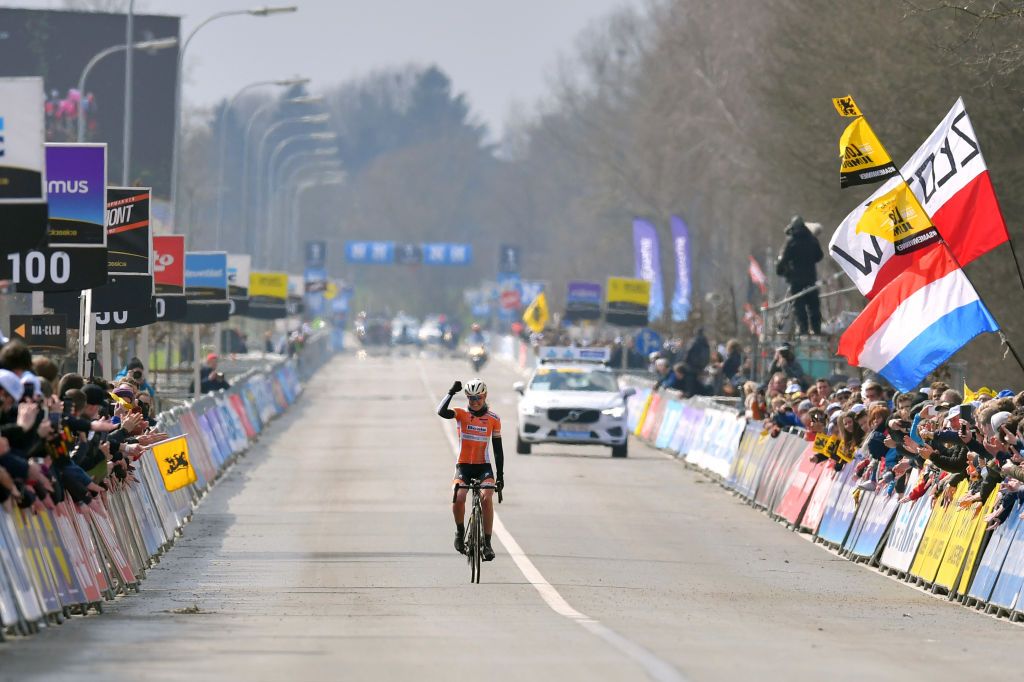 OUDENAARDE, BELGIUM - APRIL 01: Arrival / Anna Van Der Breggen of The Netherlands and Boels - Dolmans Cycling Team / Celebration / during the 15th Tour of Flanders 2018 - Ronde Van Vlaanderen a 150,9km women's race from Oudenaarde to Oudenaarde on April 1, 2018 in Oudenaarde, Belgium. (Photo by Luc Claessen/Getty Images)