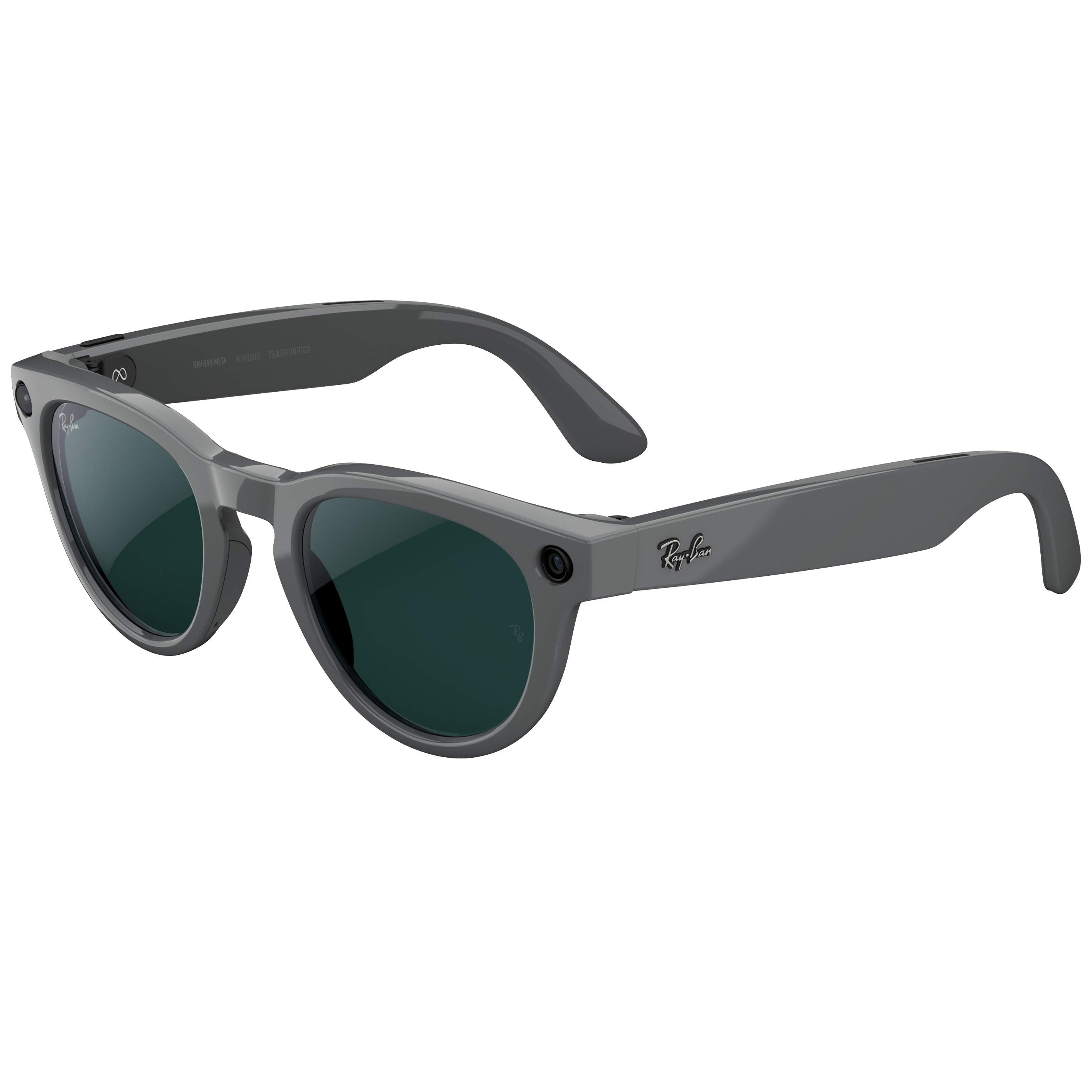 An official product render of Ray-Ban Meta (Gen 2) smart glasses Headliner style with gray frames and blue lenses