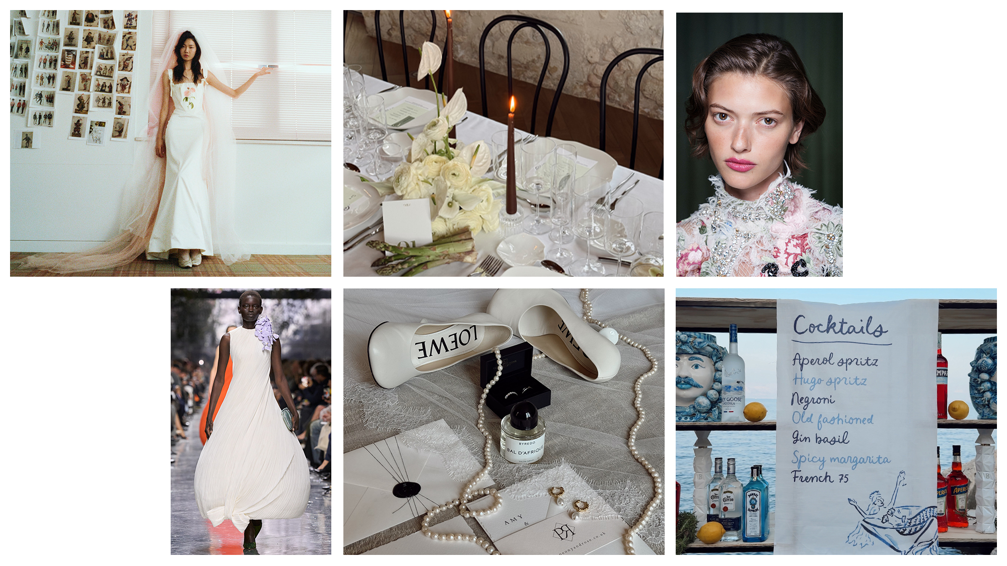 A modern wedding mood board collage featuring a bride with a peach-toned veil, a sleek reception table setting, branded Loewe shoes, and a hand-drawn cocktail menu.